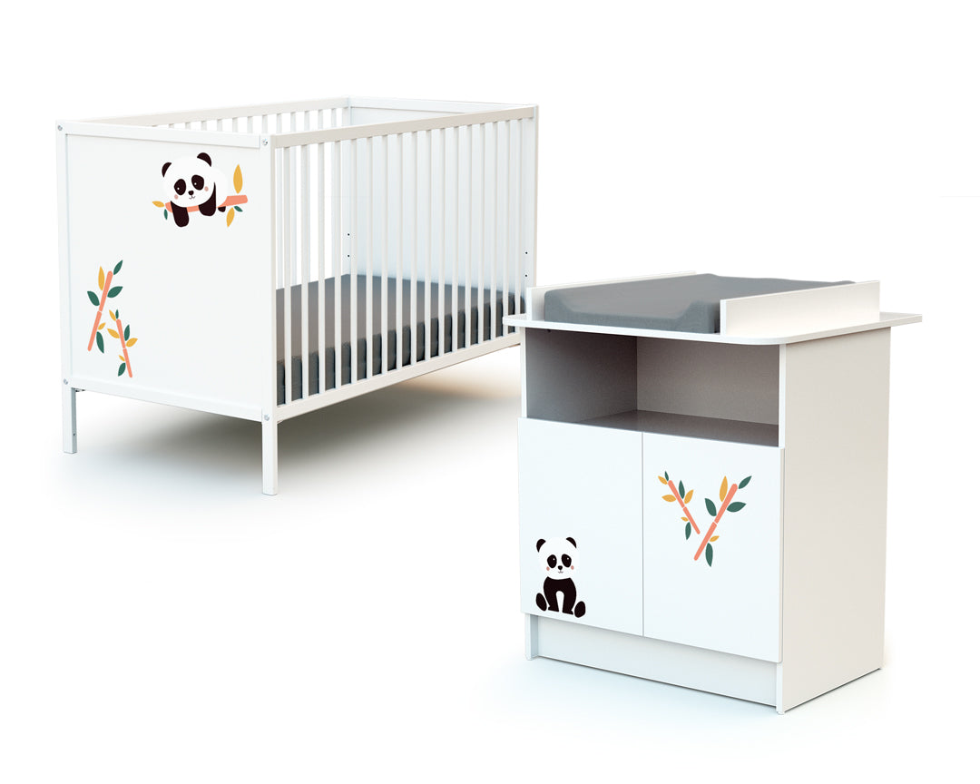 WEBABY -  Chambre bébé lit et commode à langer en bois Panda Blanc