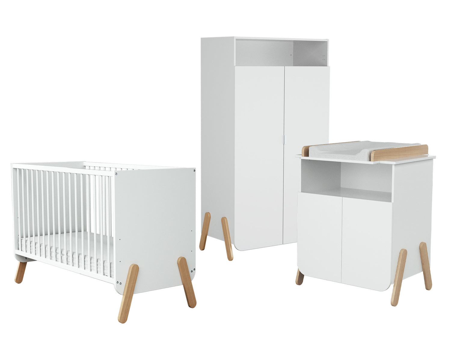 Chambre bébé lit, meuble à langer et armoire Blanc et Hêtre Verni