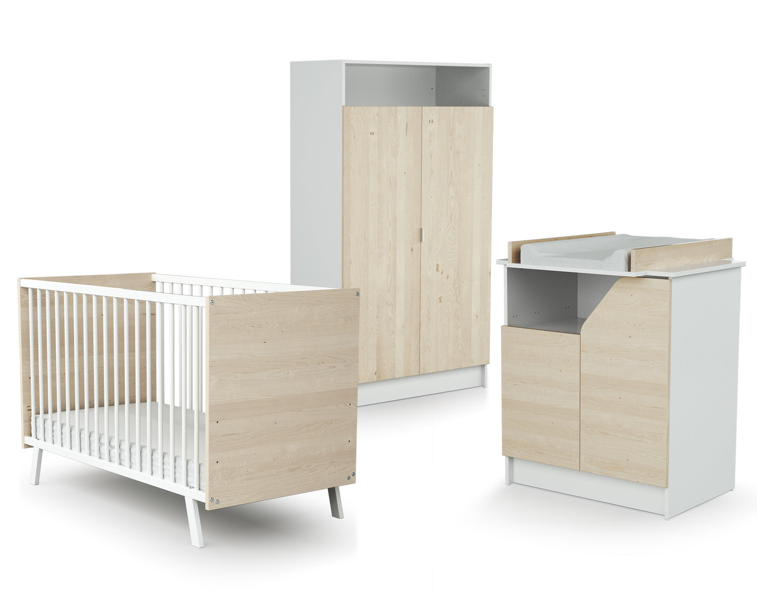 Chambre bébé lit, commode à langer et armoire Blanc et Bouleau