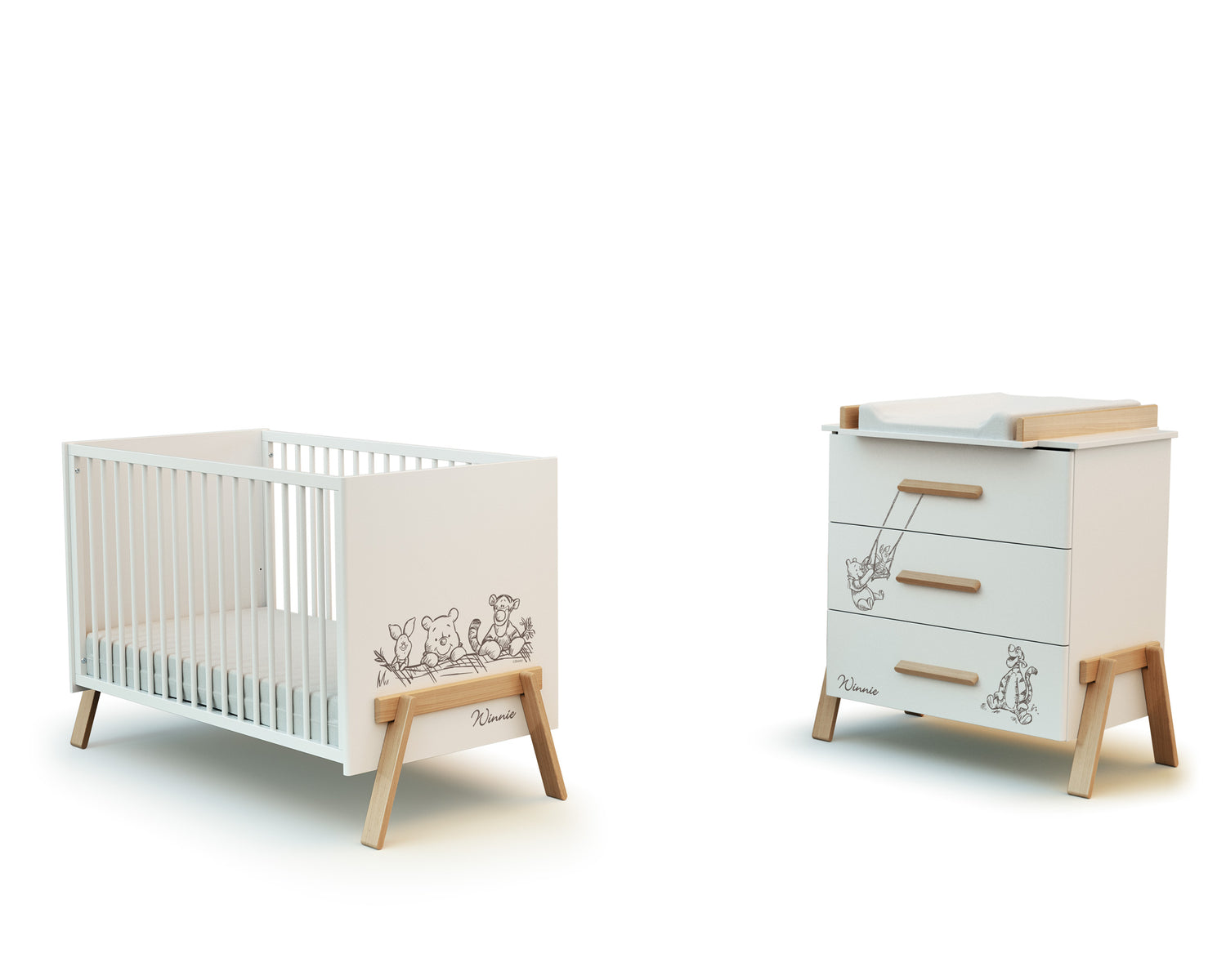 AT4 -  Chambre bébé lit et commode à langer en bois CANAILLE Winnie Blanc et Hêtre