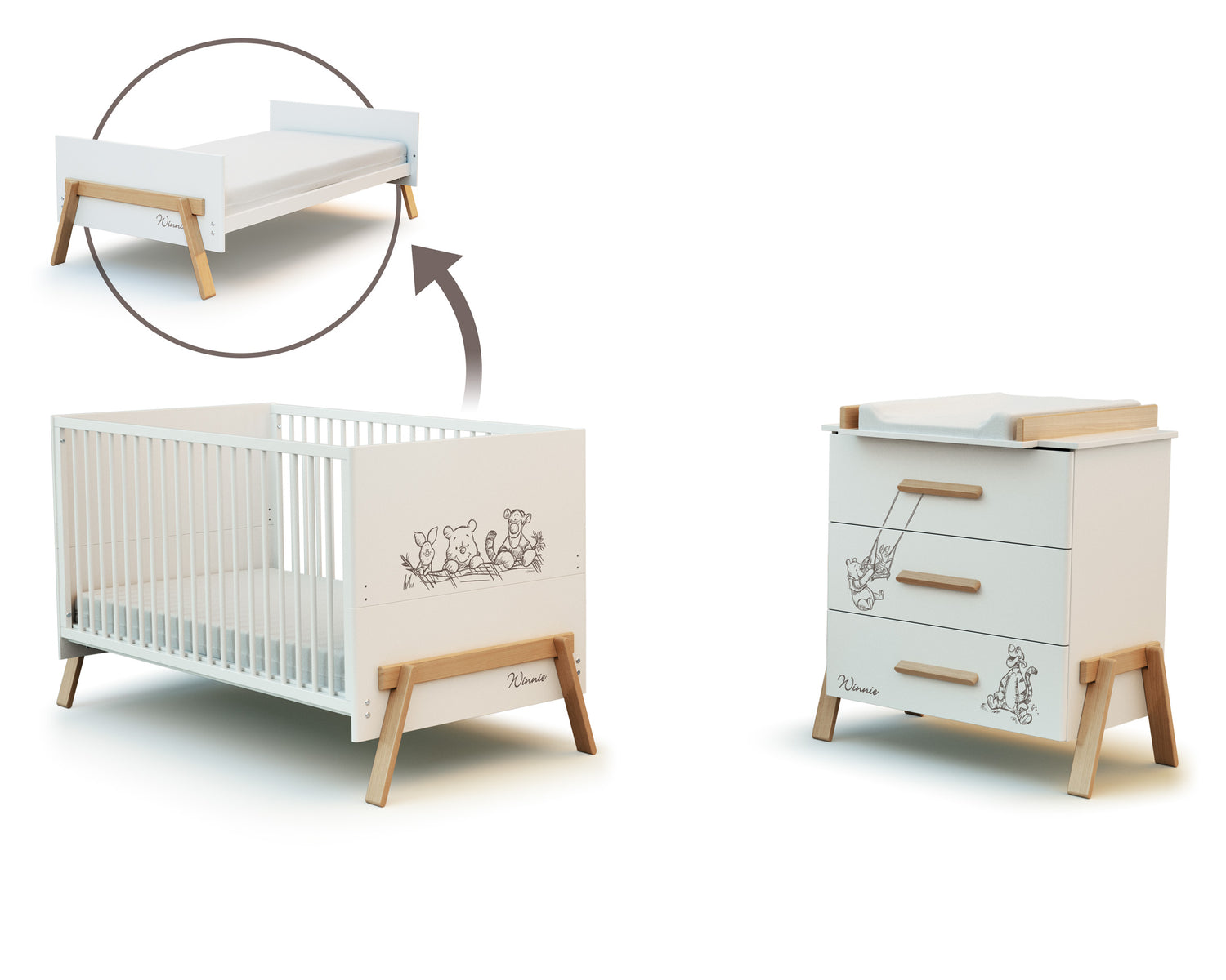 Chambre bébé lit et commode à langer Winnie Blanc et Hêtre Verni