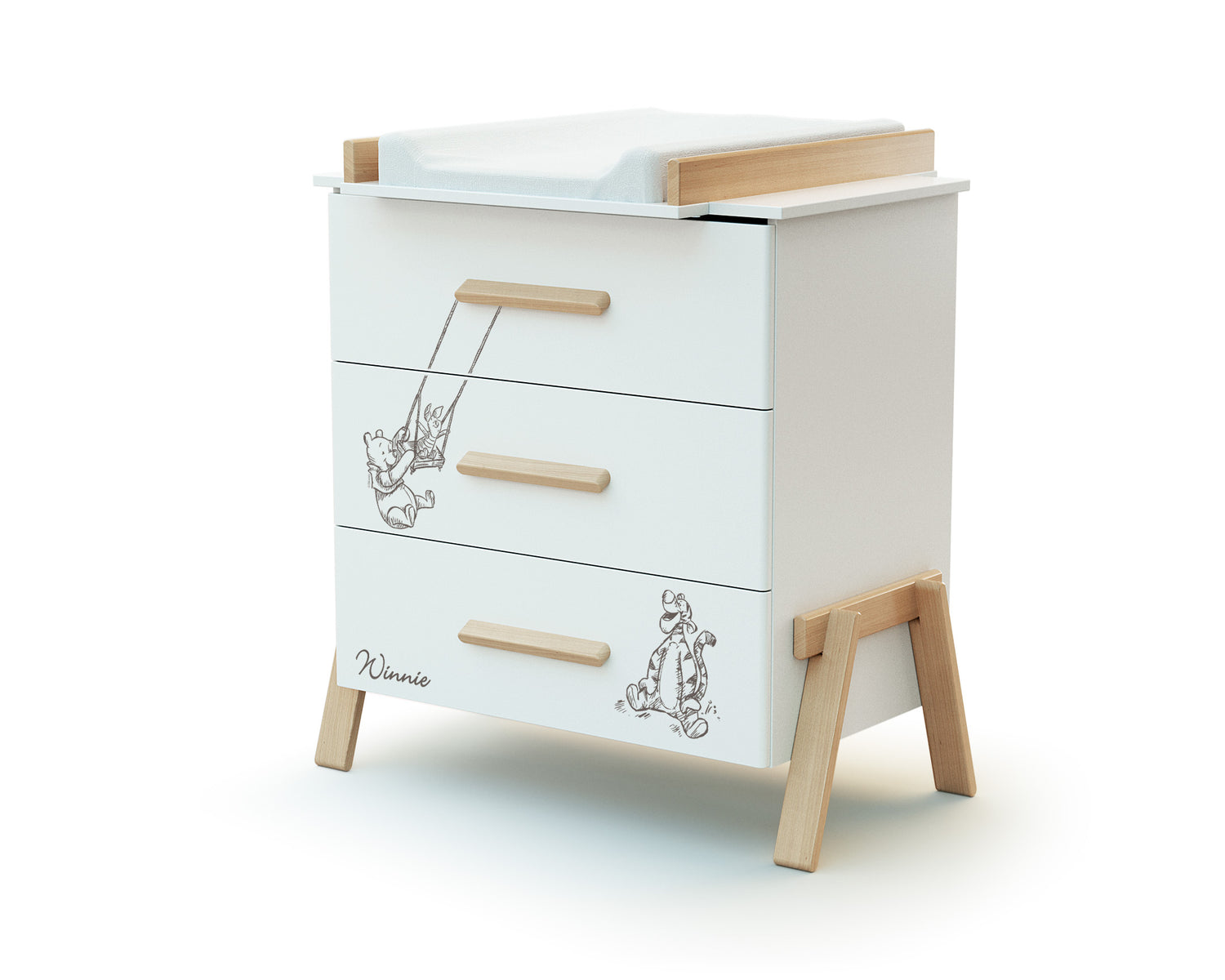 AT4 -  Commode à langer 3 tiroirs en bois CANAILLE Winnie Blanc et Hêtre