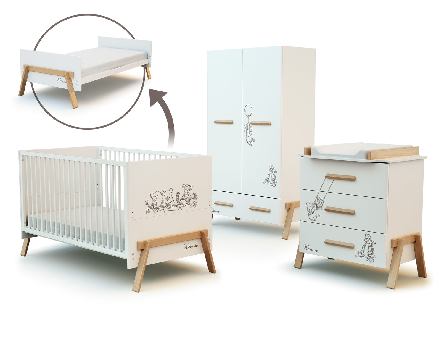 Lit bébé, commode à langer et armoire Winnie Blanc et Hêtre Verni