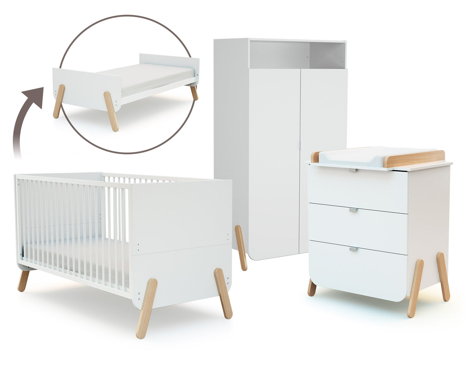 Lit bébé évolutif, commode à langer et armoire Blanc Hêtre Verni