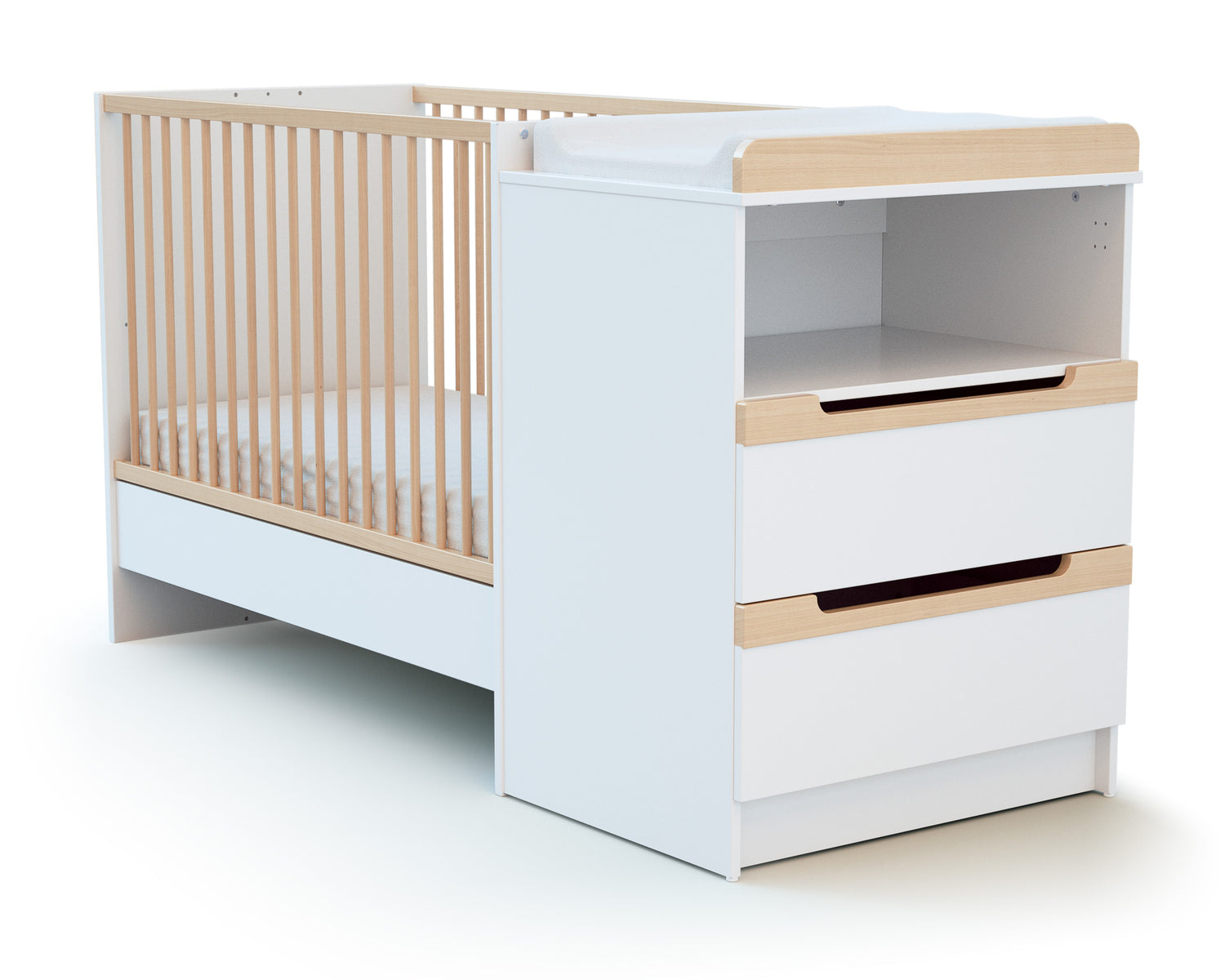 AT4 -  Combiné lit bébé évolutif en bois CARROUSEL Blanc et Hêtre Verni 60 x 120 cm