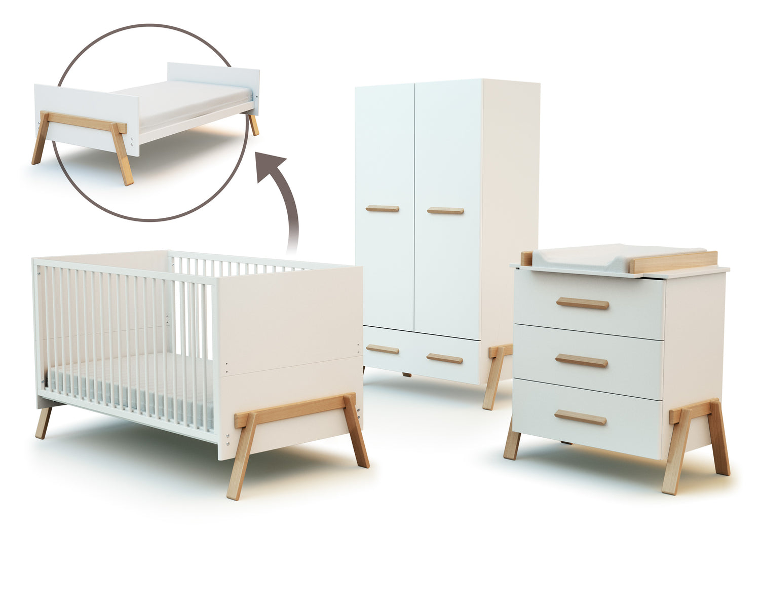 AT4 -  Grande Chambre bébé avec commode à langer 3 Tiroirs + armoire en bois