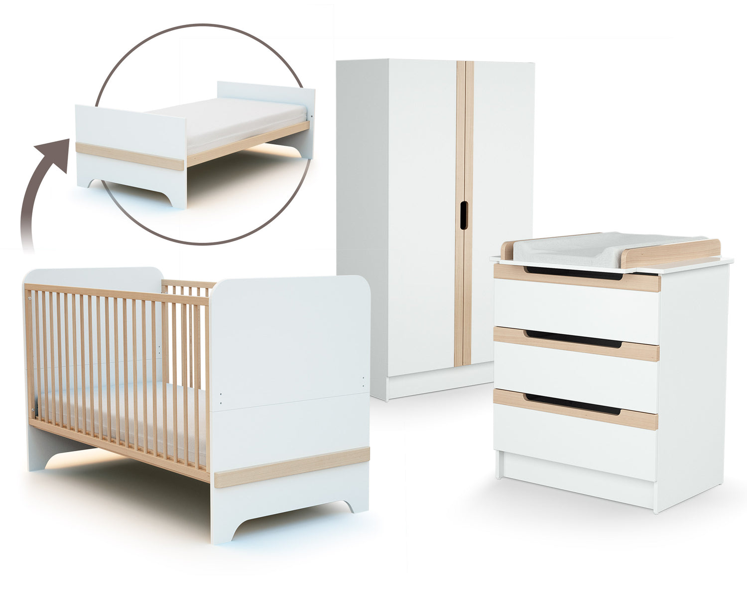 Chambre bébé lit, commode à langer et armoire Blanc et Hêtre Verni