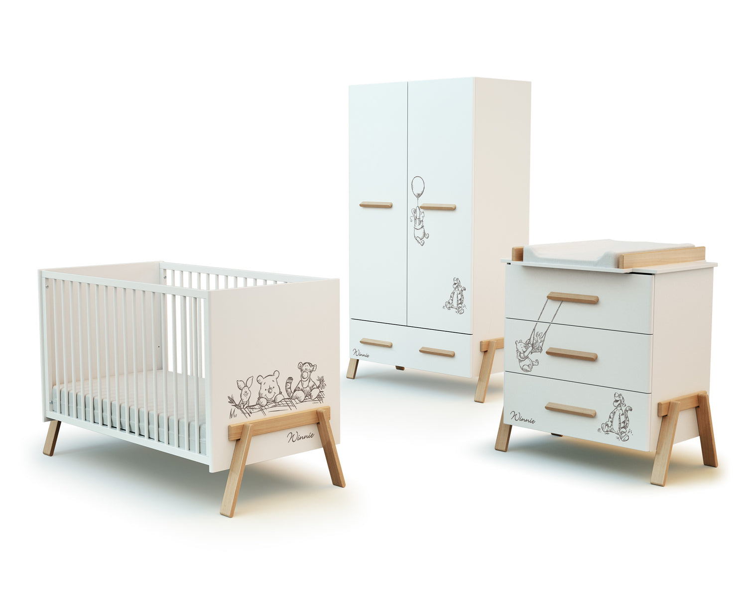 Lit bébé, commode à langer et armoire bois Winnie Blanc et Hêtre Verni