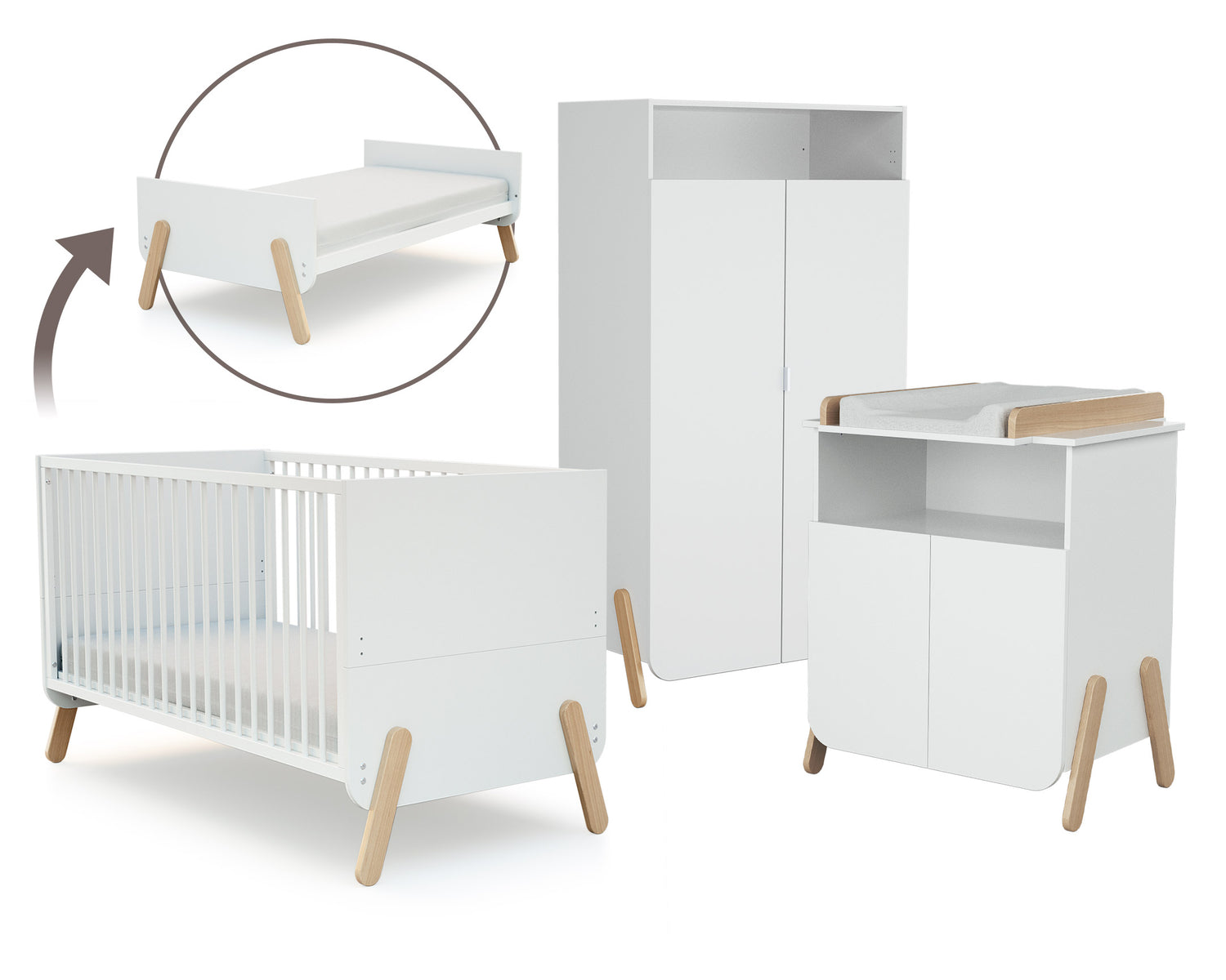 Chambre bébé lit, commode à langer et armoire Blanc et Hêtre Verni